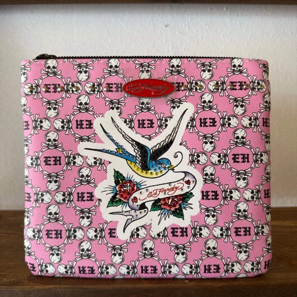 Ed Hardy Pink Skull Print Wristlet Pouch Swallow Rhinestone Y2K NWT Vegan Leathe